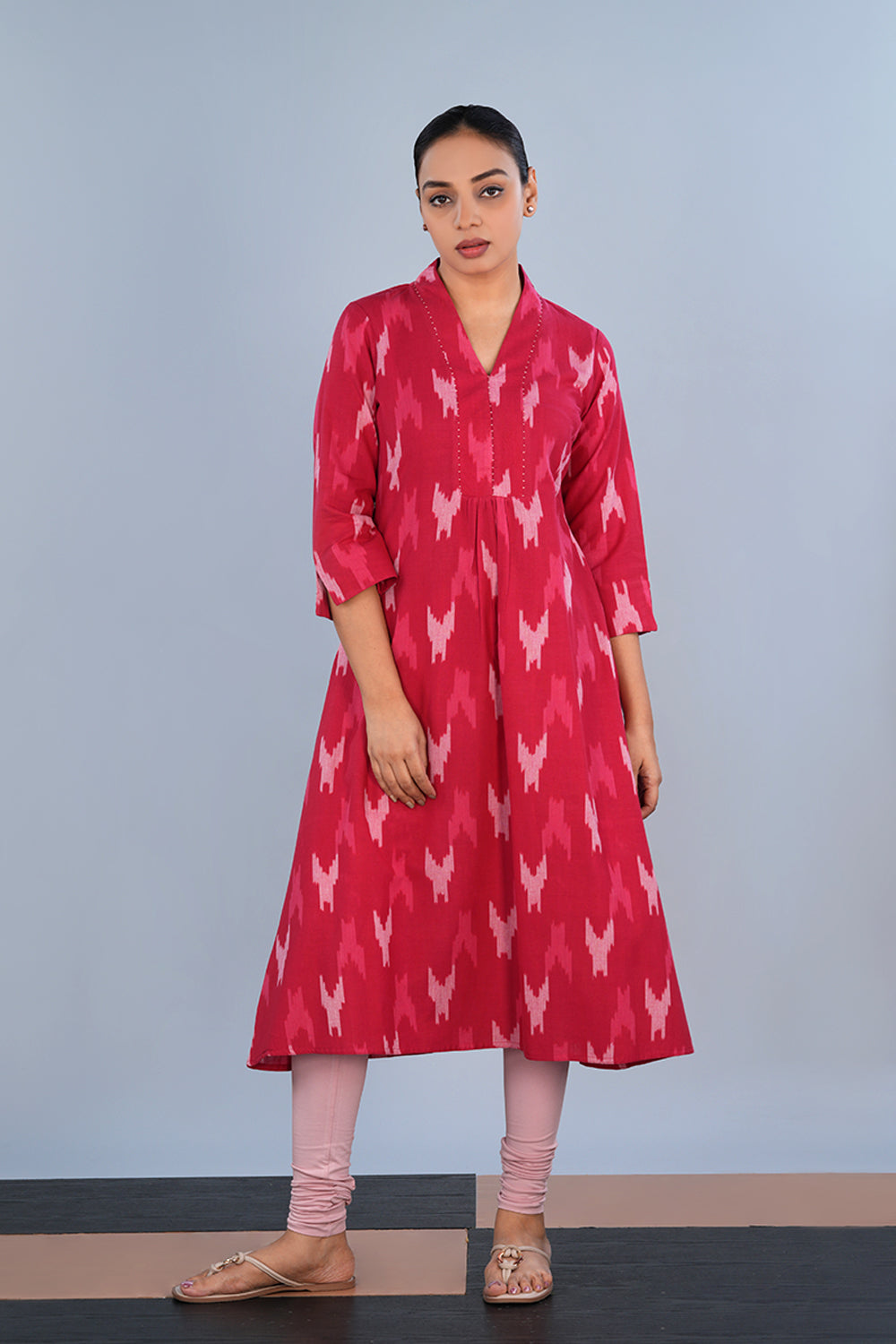 Image of Rose Coral red Cotton Pochampally Ikat Kurta